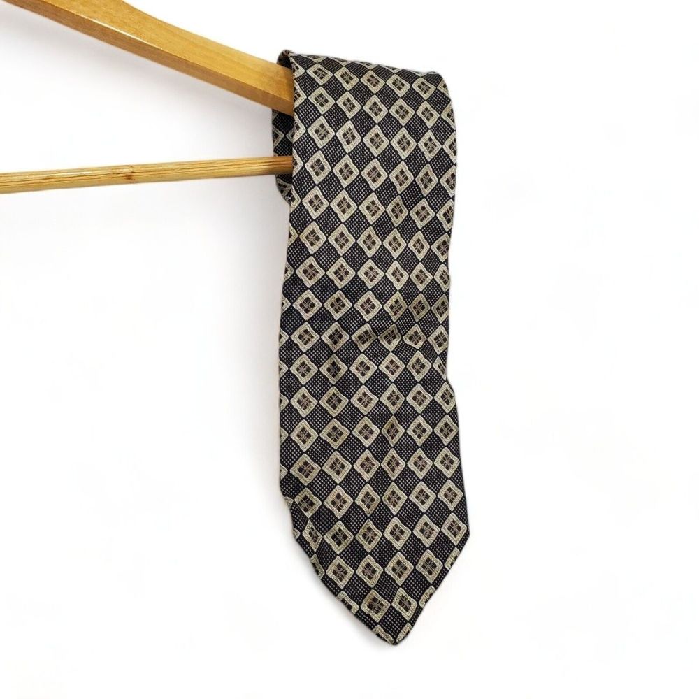 FROG 100% Silk Neck Tie Black Brown Diamond Checkered Vintage Look Made in Italy